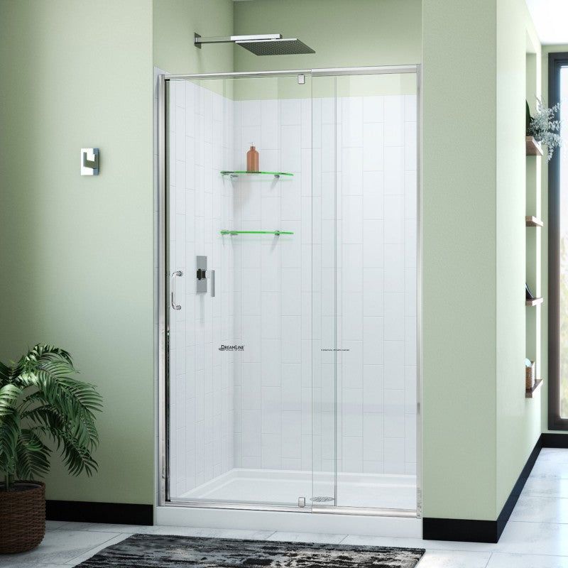Flex Semi-Frameless Pivot Shower Door Kit with Subway Style Wall and White Shower Base Pan and Center Drain
