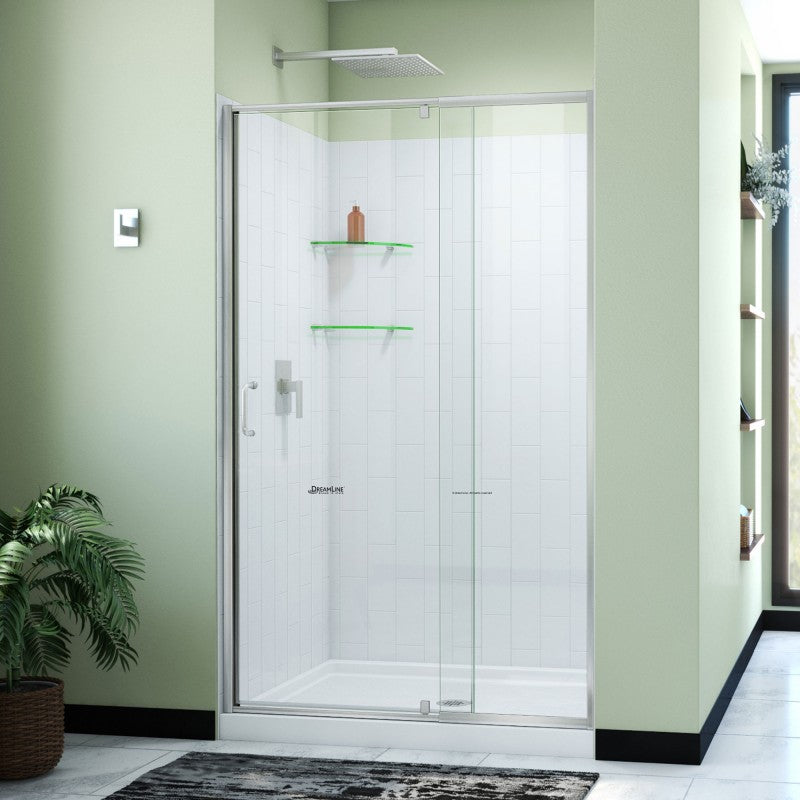 Flex Semi-Frameless Pivot Shower Door Kit with Subway Style Wall and White Shower Base Pan and Center Drain