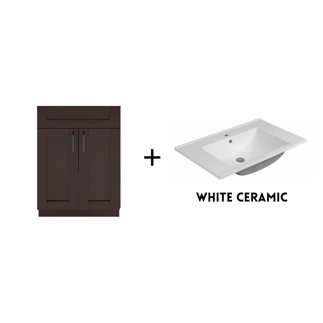 RTA Espresso Shaker 24" Freestanding Bathroom Vanity Sink Base with Optional Quartz or Ceramic Countertop