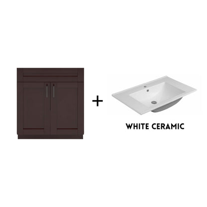 RTA Espresso Shaker 30" Freestanding Bathroom Vanity Sink Base with Optional Quartz or Ceramic Countertop