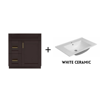 RTA Espresso Shaker 30" Freestanding Bathroom Vanity Combo Base with Optional Quartz or Ceramic Countertop