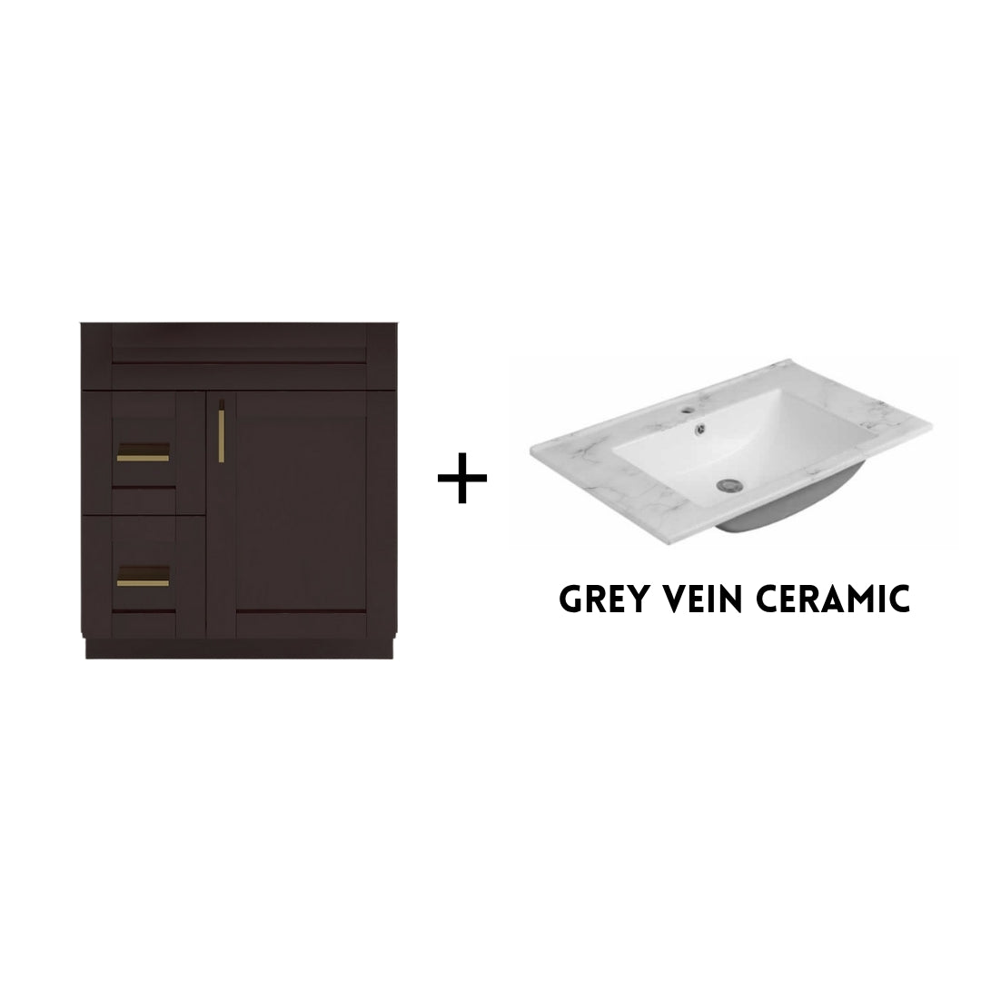 RTA Espresso Shaker 30" Freestanding Bathroom Vanity Combo Base with Optional Quartz or Ceramic Countertop