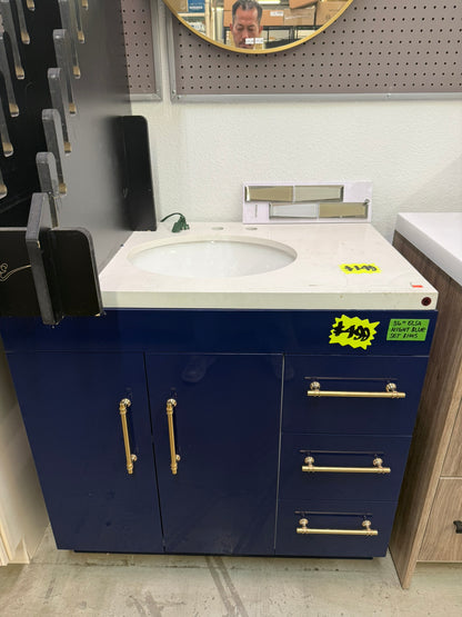 [CLEARANCE] 36" Elsa High Gloss Night Blue Vanity with 3 Right Drawers [BASE ONLY]