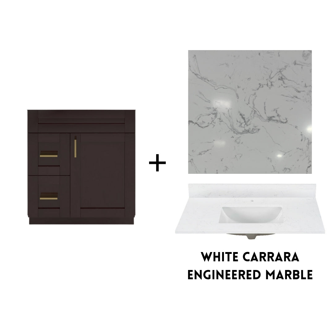 RTA Espresso Shaker 30" Freestanding Bathroom Vanity Combo Base with Optional Quartz or Ceramic Countertop