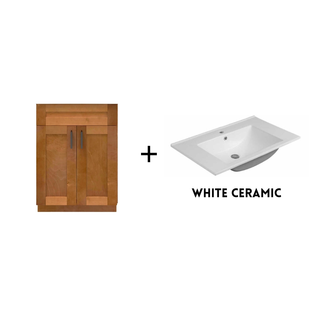 RTA Maple Shaker 24" Freestanding Bathroom Vanity Sink Base with Optional Quartz or Ceramic Countertop