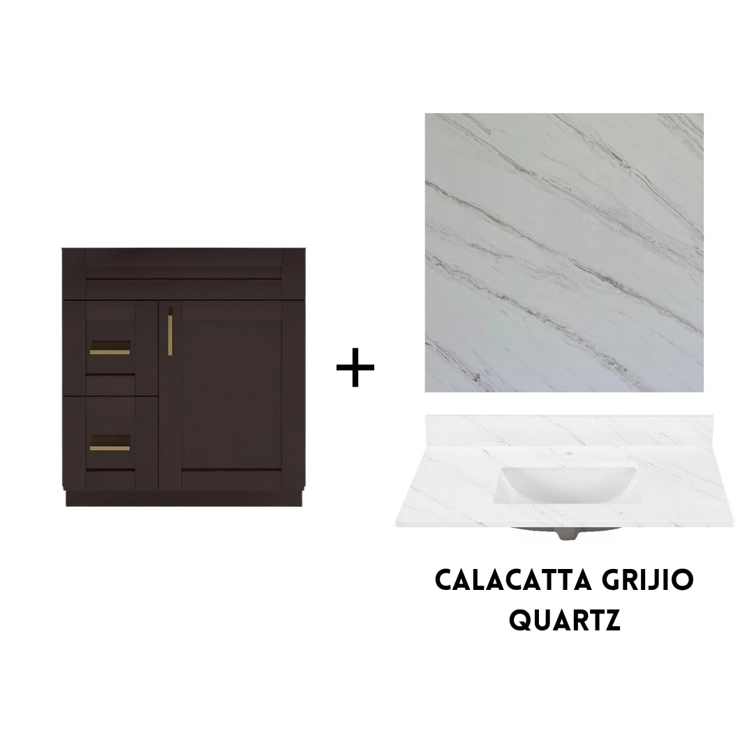 RTA Espresso Shaker 30" Freestanding Bathroom Vanity Combo Base with Optional Quartz or Ceramic Countertop