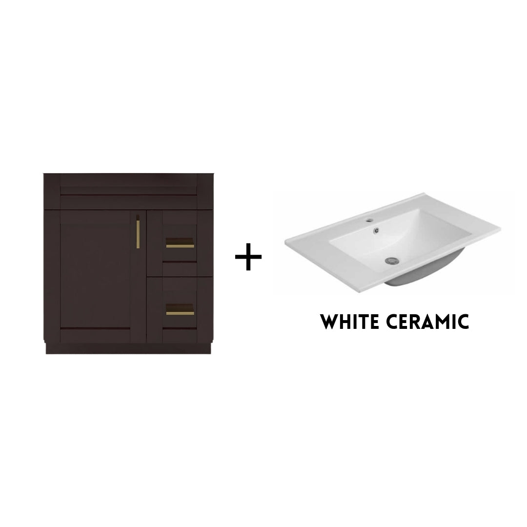 RTA Espresso Shaker 30" Freestanding Bathroom Vanity Combo Base with Optional Quartz or Ceramic Countertop