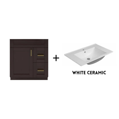 RTA Espresso Shaker 30" Freestanding Bathroom Vanity Combo Base with Optional Quartz or Ceramic Countertop