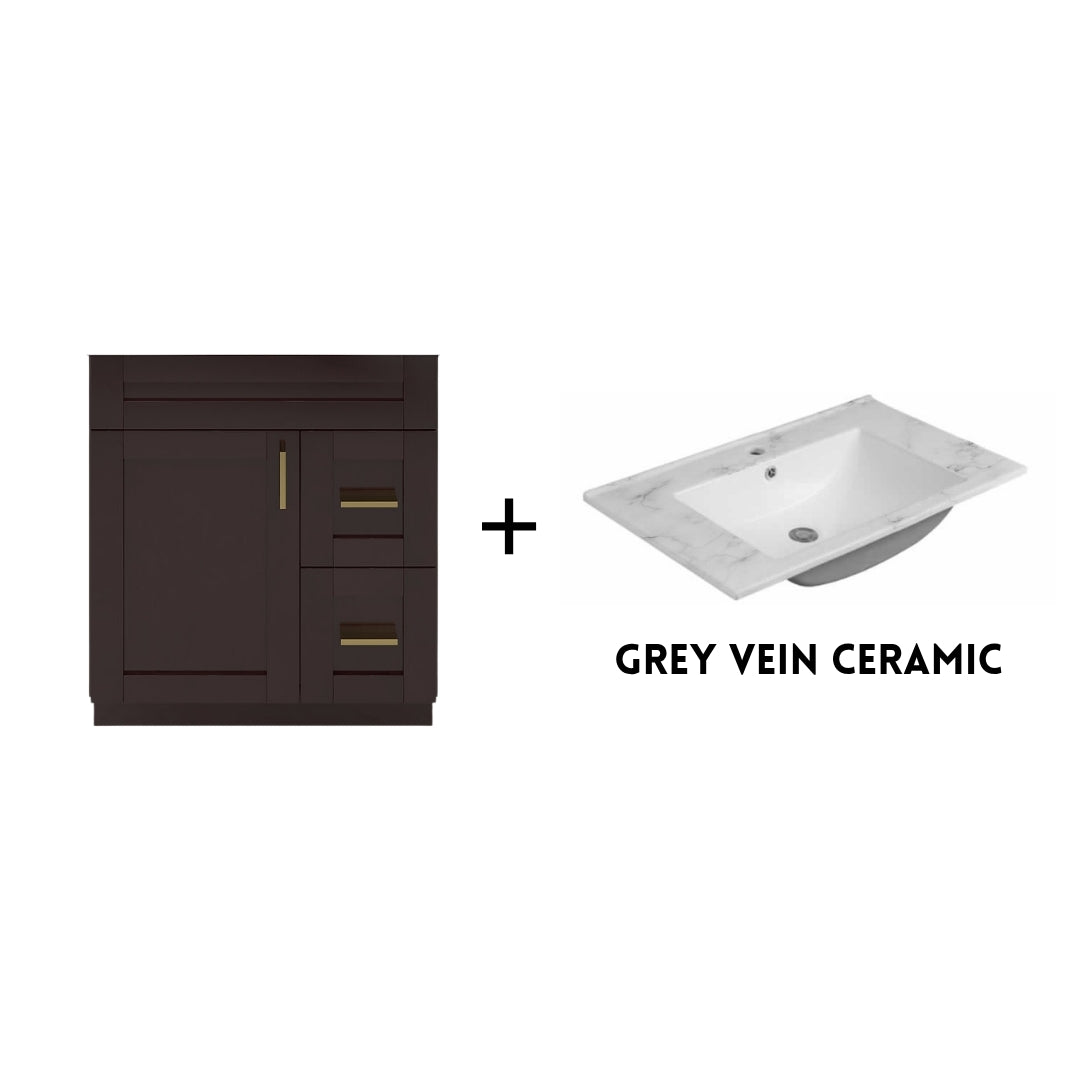 RTA Espresso Shaker 30" Freestanding Bathroom Vanity Combo Base with Optional Quartz or Ceramic Countertop