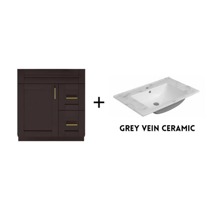 RTA Espresso Shaker 30" Freestanding Bathroom Vanity Combo Base with Optional Quartz or Ceramic Countertop