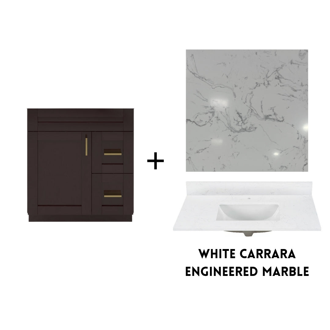 RTA Espresso Shaker 30" Freestanding Bathroom Vanity Combo Base with Optional Quartz or Ceramic Countertop
