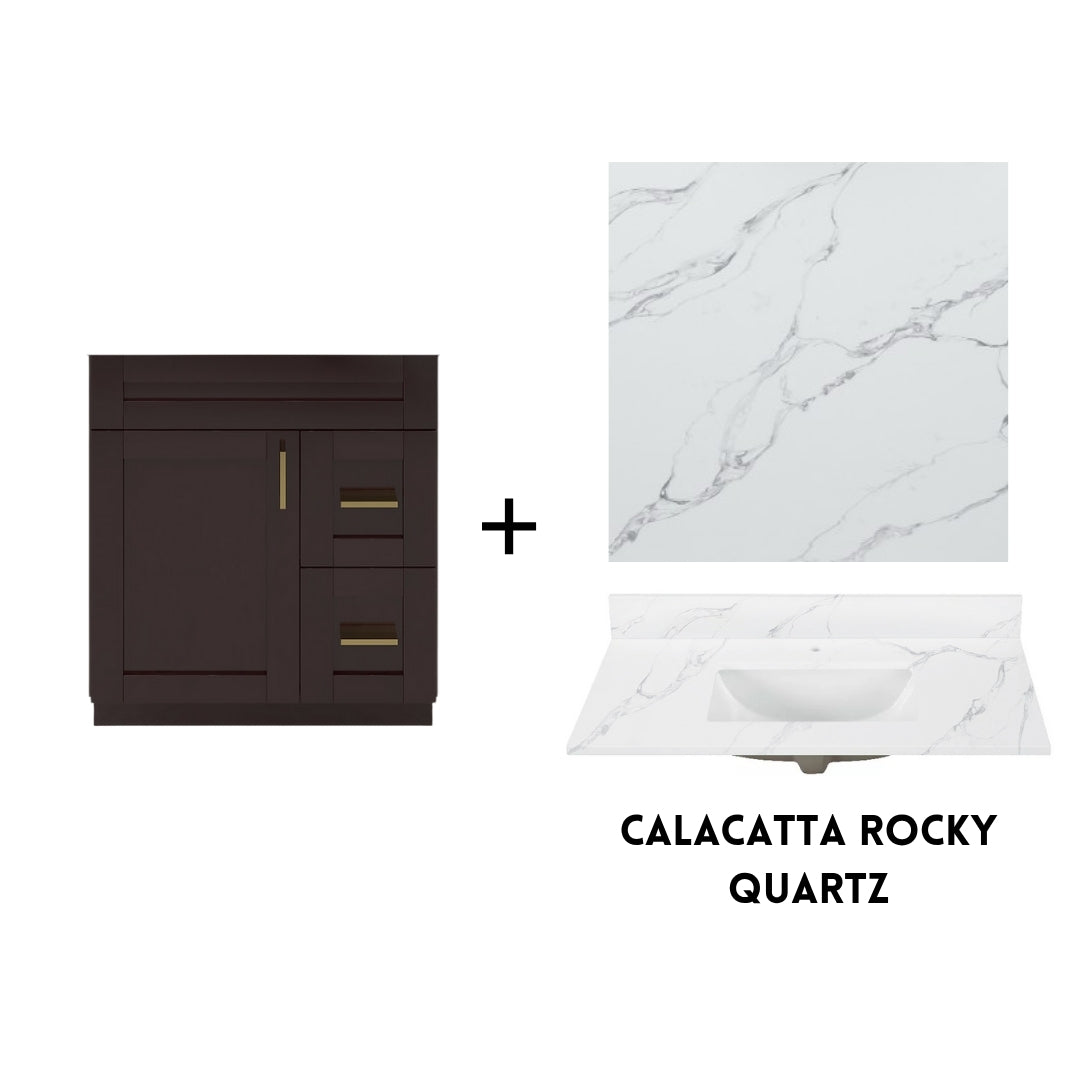 RTA Espresso Shaker 30" Freestanding Bathroom Vanity Combo Base with Optional Quartz or Ceramic Countertop