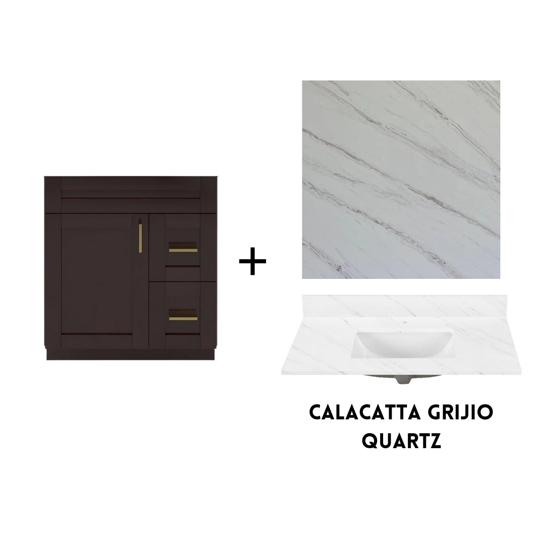 RTA Espresso Shaker 30" Freestanding Bathroom Vanity Combo Base with Optional Quartz or Ceramic Countertop