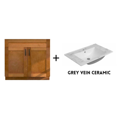 RTA Maple Shaker 36" Freestanding Bathroom Vanity Sink Base with Optional Quartz or Ceramic Countertop