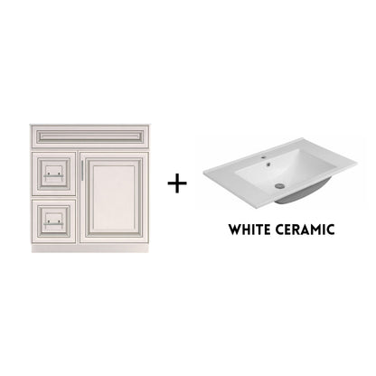 RTA Antique White Raised Panel 30" Freestanding Bathroom Vanity Combo Base with Optional Quartz or Ceramic Countertop