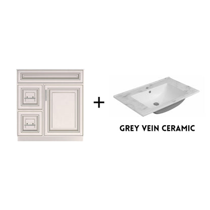 RTA Antique White Raised Panel 30" Freestanding Bathroom Vanity Combo Base with Optional Quartz or Ceramic Countertop