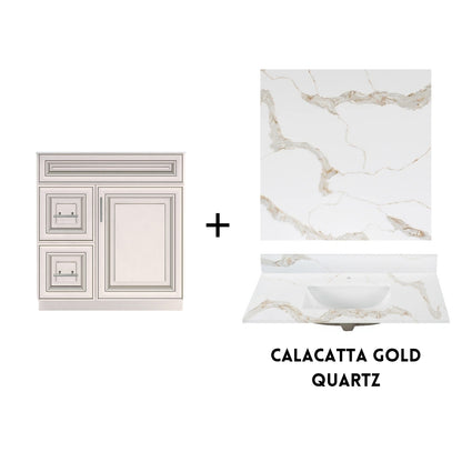 RTA Antique White Raised Panel 30" Freestanding Bathroom Vanity Combo Base with Optional Quartz or Ceramic Countertop