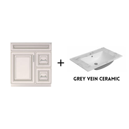 RTA Antique White Raised Panel 30" Freestanding Bathroom Vanity Combo Base with Optional Quartz or Ceramic Countertop