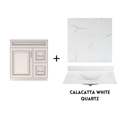 RTA Antique White Raised Panel 30" Freestanding Bathroom Vanity Combo Base with Optional Quartz or Ceramic Countertop