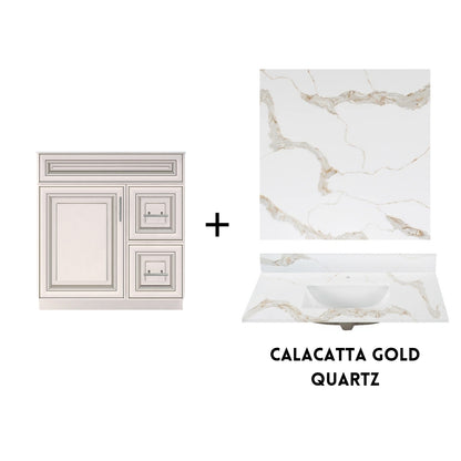 RTA Antique White Raised Panel 30" Freestanding Bathroom Vanity Combo Base with Optional Quartz or Ceramic Countertop
