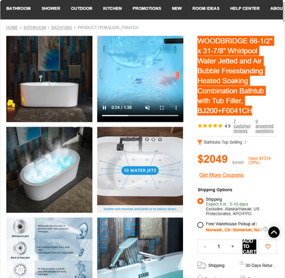 [CLEARANCE] WOODBRIDGE 66-1/2" x 31-7/8" Whirlpool Water Jetted and Air Bubble Freestanding Heated Soaking Combination Bathtub with Tub Filler, BJ200+F0041CH