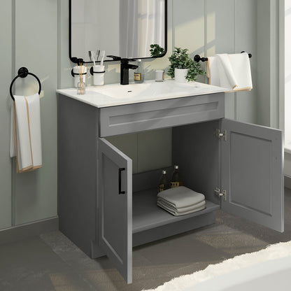 RTA Light Grey Shaker 36" Freestanding Bathroom Vanity Sink Base with Optional Quartz or Ceramic Countertop