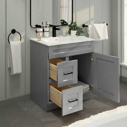 RTA Light Grey Shaker 30" Freestanding Bathroom Vanity Combo Base with Optional Quartz or Ceramic Countertop