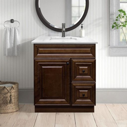 RTA Maple Walnut Raised Panel 30" Freestanding Bathroom Vanity Combo Base with Optional Quartz or Ceramic Countertop