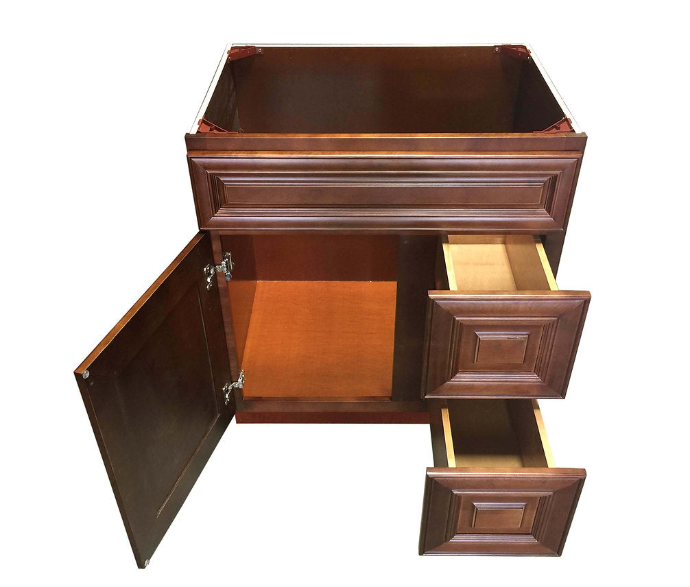 RTA Maple Walnut Raised Panel 30" Freestanding Bathroom Vanity Combo Base with Optional Quartz or Ceramic Countertop