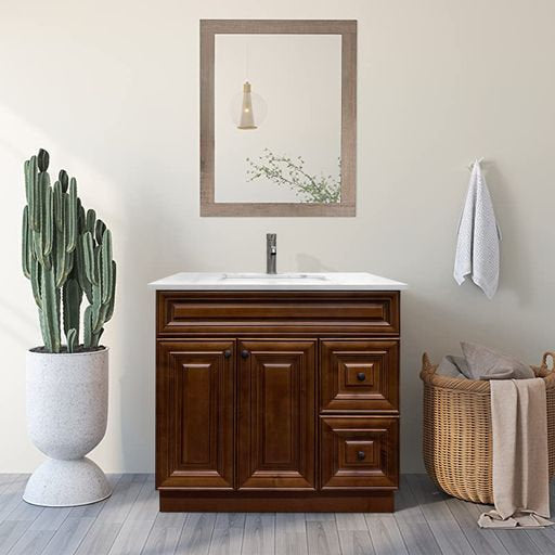 RTA Maple Walnut Raised Panel 36" Freestanding Bathroom Vanity Combo Base with Optional Quartz or Ceramic Countertop
