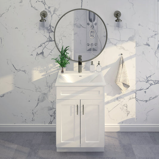 RTA White Shaker 24" Freestanding Bathroom Vanity Sink Base with Optional Quartz or Ceramic Countertop
