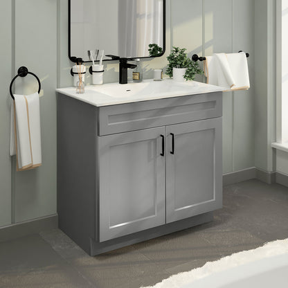 RTA Light Grey Shaker 36" Freestanding Bathroom Vanity Sink Base with Optional Quartz or Ceramic Countertop