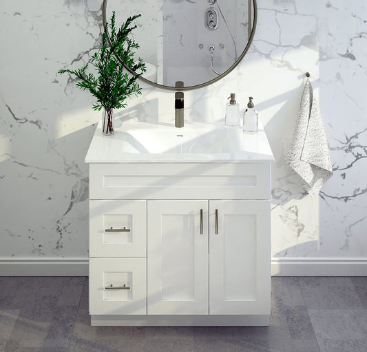 RTA White Shaker 36" Freestanding Bathroom Vanity Combo Base with Optional Quartz or Ceramic Countertop