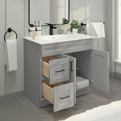 RTA Light Grey Shaker 36" Freestanding Bathroom Vanity Combo Base with Optional Quartz or Ceramic Countertop