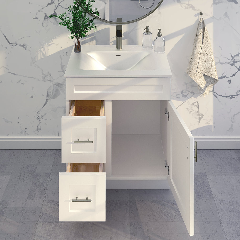 RTA White Shaker 30" Freestanding Bathroom Vanity Combo Base with Optional Quartz or Ceramic Countertop