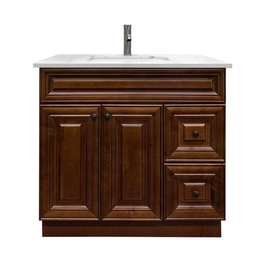 RTA Maple Walnut Raised Panel 36" Freestanding Bathroom Vanity Combo Base with Optional Quartz or Ceramic Countertop