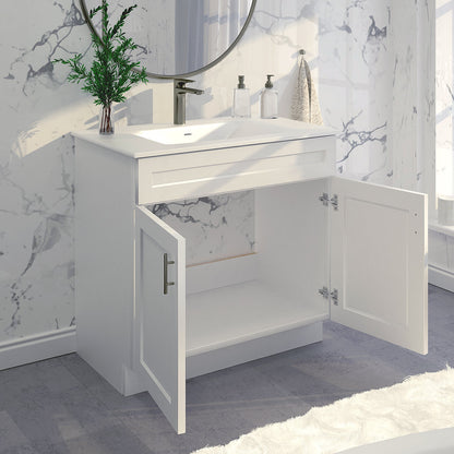 RTA White Shaker 36" Freestanding Bathroom Vanity Sink Base with Optional Quartz or Ceramic Countertop