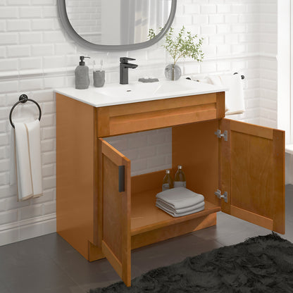 RTA Maple Shaker 36" Freestanding Bathroom Vanity Sink Base with Optional Quartz or Ceramic Countertop
