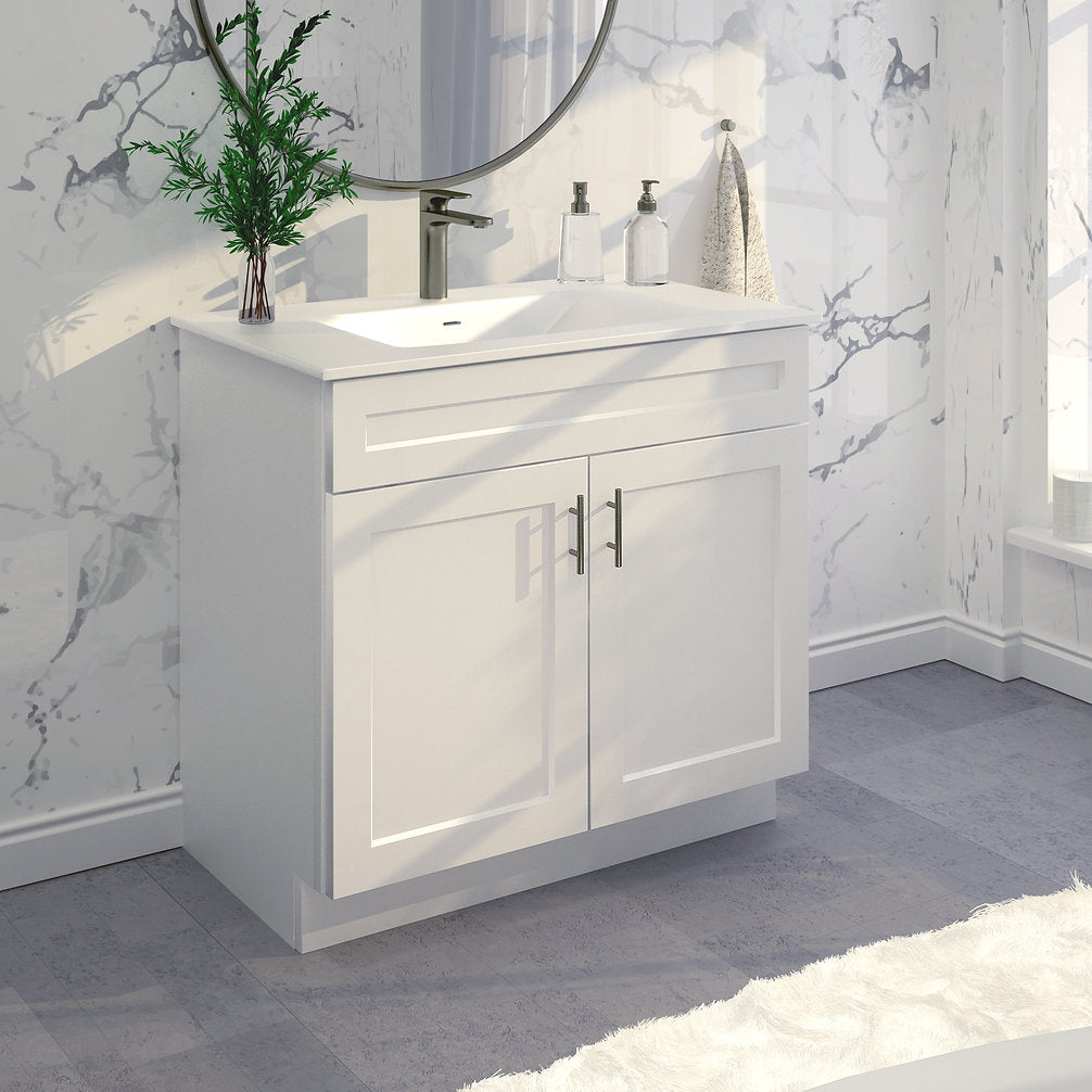RTA White Shaker 36" Freestanding Bathroom Vanity Sink Base with Optional Quartz or Ceramic Countertop