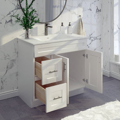 RTA White Shaker 36" Freestanding Bathroom Vanity Combo Base with Optional Quartz or Ceramic Countertop