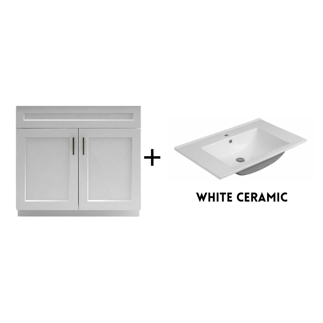 RTA White Shaker 36" Freestanding Bathroom Vanity Sink Base with Optional Quartz or Ceramic Countertop