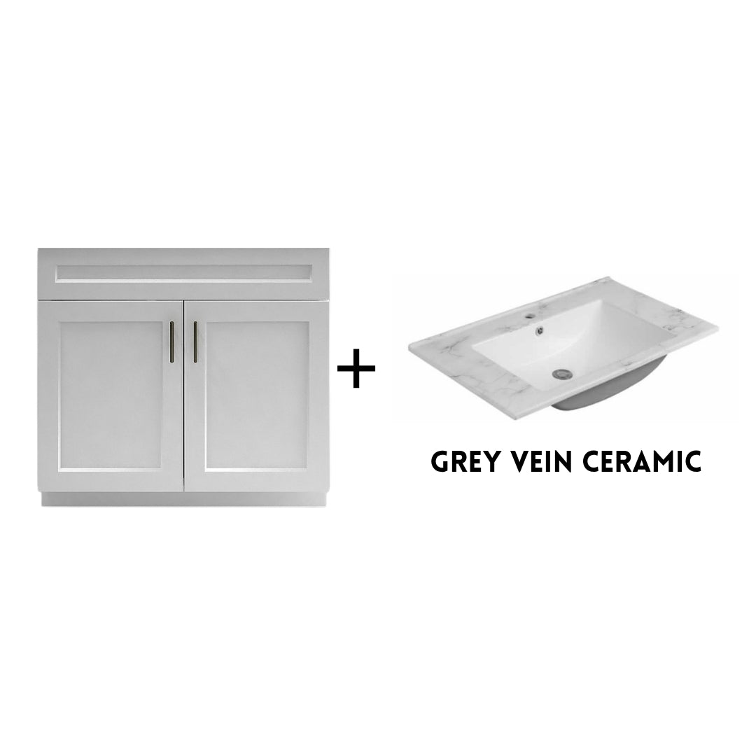 RTA White Shaker 36" Freestanding Bathroom Vanity Sink Base with Optional Quartz or Ceramic Countertop