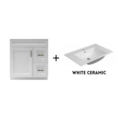 RTA White Shaker 30" Freestanding Bathroom Vanity Combo Base with Optional Quartz or Ceramic Countertop