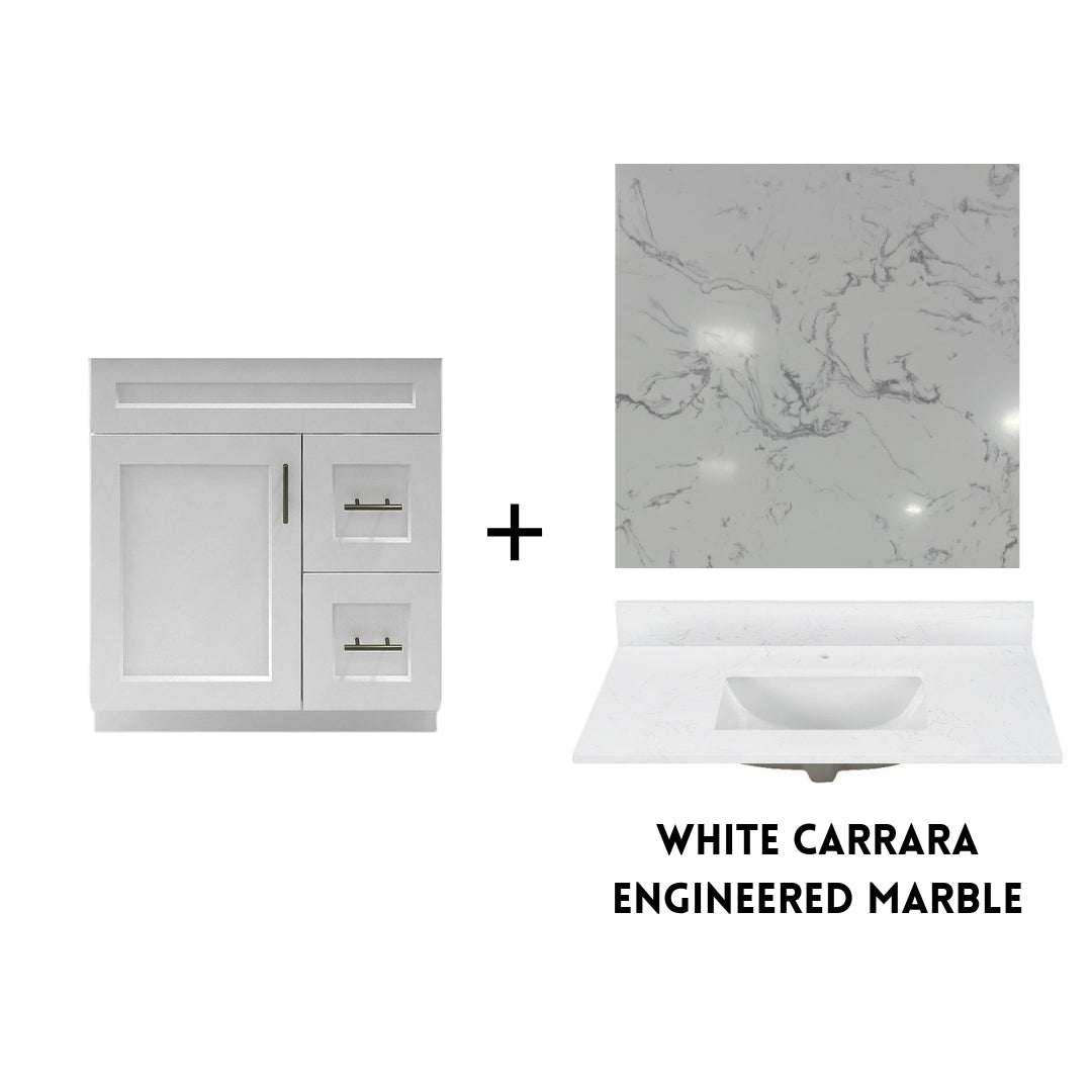 RTA White Shaker 30" Freestanding Bathroom Vanity Combo Base with Optional Quartz or Ceramic Countertop