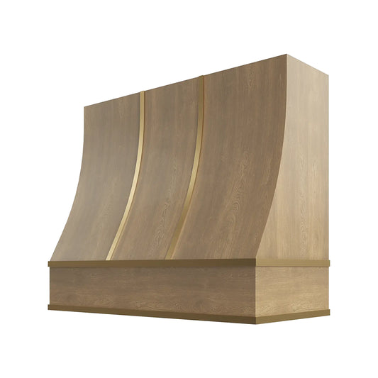 RTA 48"W x 30"H Kitchen Sloped Hood Cover with Brass Strapping in Brooklyn Fawn
