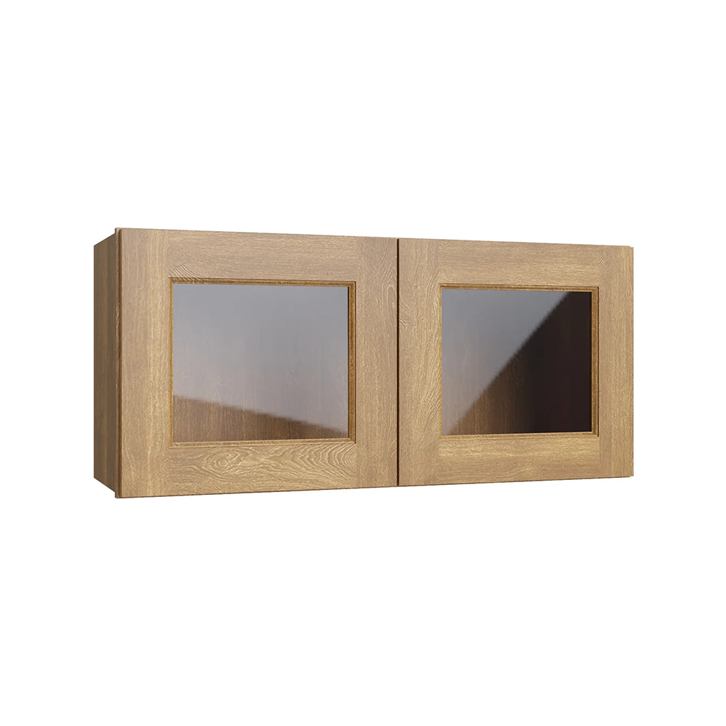 RTA 24"W x 15"H Kitchen Stackable Wall Cabinet with Glass Double Doors in Brooklyn Fawn