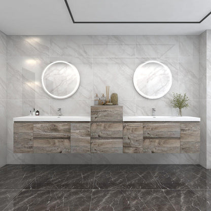 Bow 104" Wall Mounted Bathroom Vanity with Reinforced Acrylic Integrated Sink Top and Center Linen Cabinet