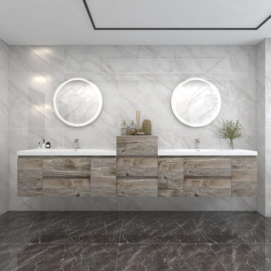 Bow 104" Wall Mounted Bathroom Vanity with Reinforced Acrylic Integrated Sink Top and Center Linen Cabinet