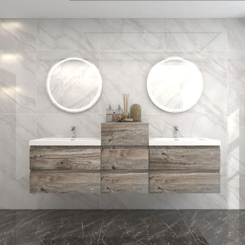 Bow 68" Wall Mounted Bathroom Vanity with Reinforced Acrylic Integrated Sink Top and Center Linen Cabinet