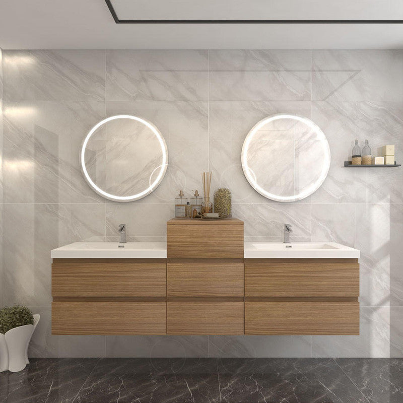 Bow 68" Wall Mounted Bathroom Vanity with Reinforced Acrylic Integrated Sink Top and Center Linen Cabinet